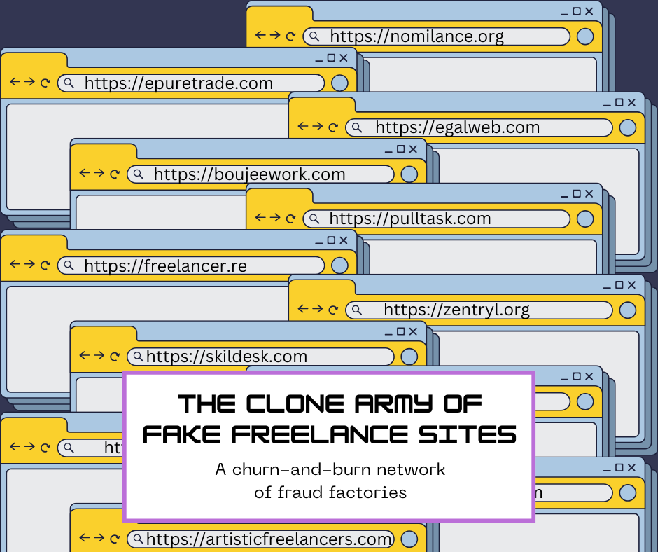 Graphic showing many nearly identical fake freelance website domain names, illustrating how scammers create multiple fake platforms to lure voiceover talent and other freelancers into overpayment and ID card scams.